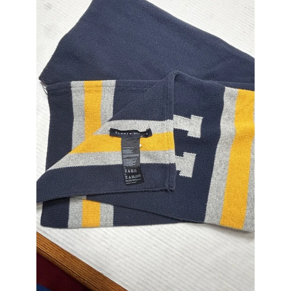 Tommy Hilfiger‎ Varsity H Knit Scarf Navy Yellow Gray Cotton Winter Scarf 72